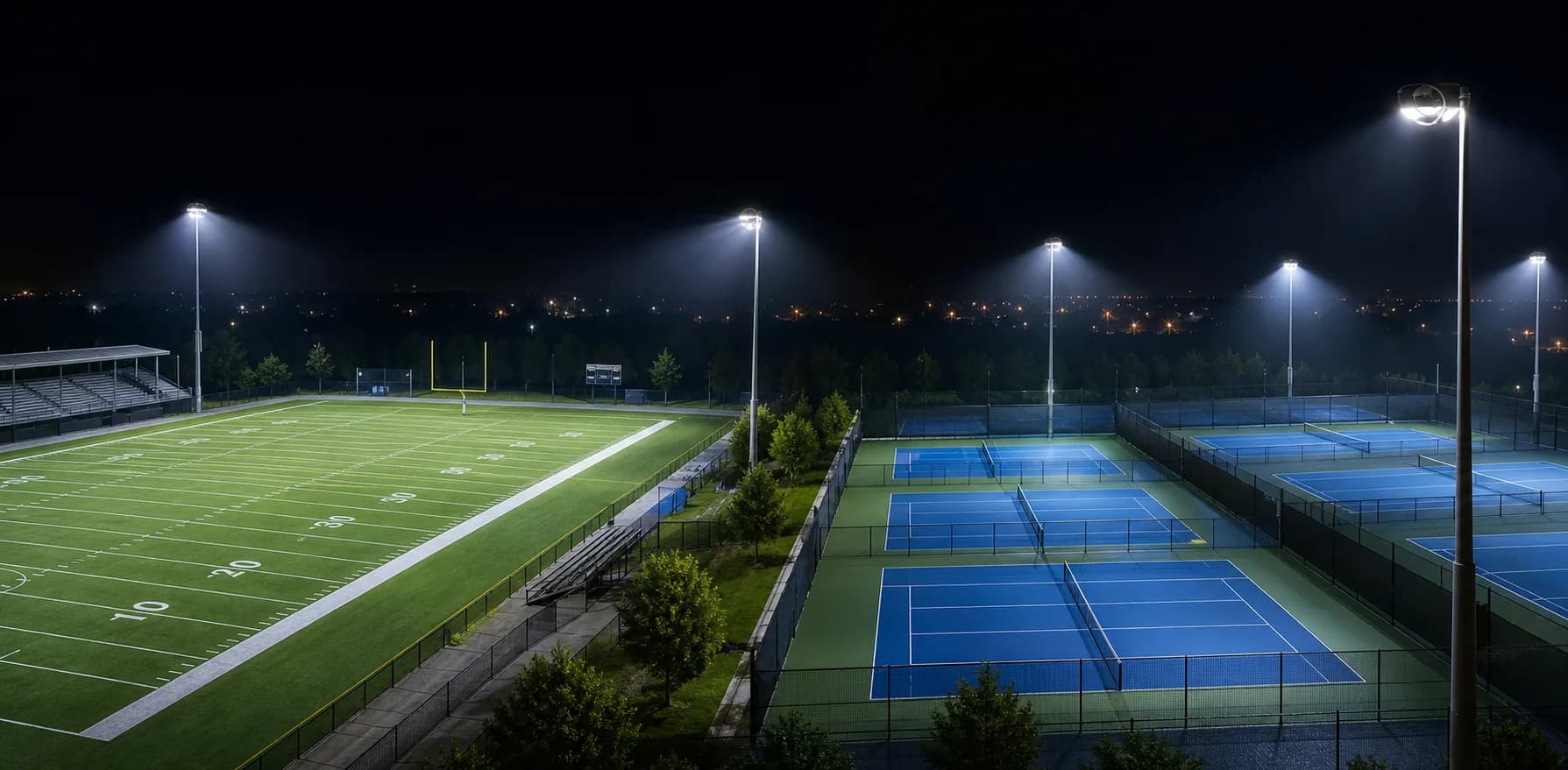 Court lights illuminating a football field and tennis courts at night