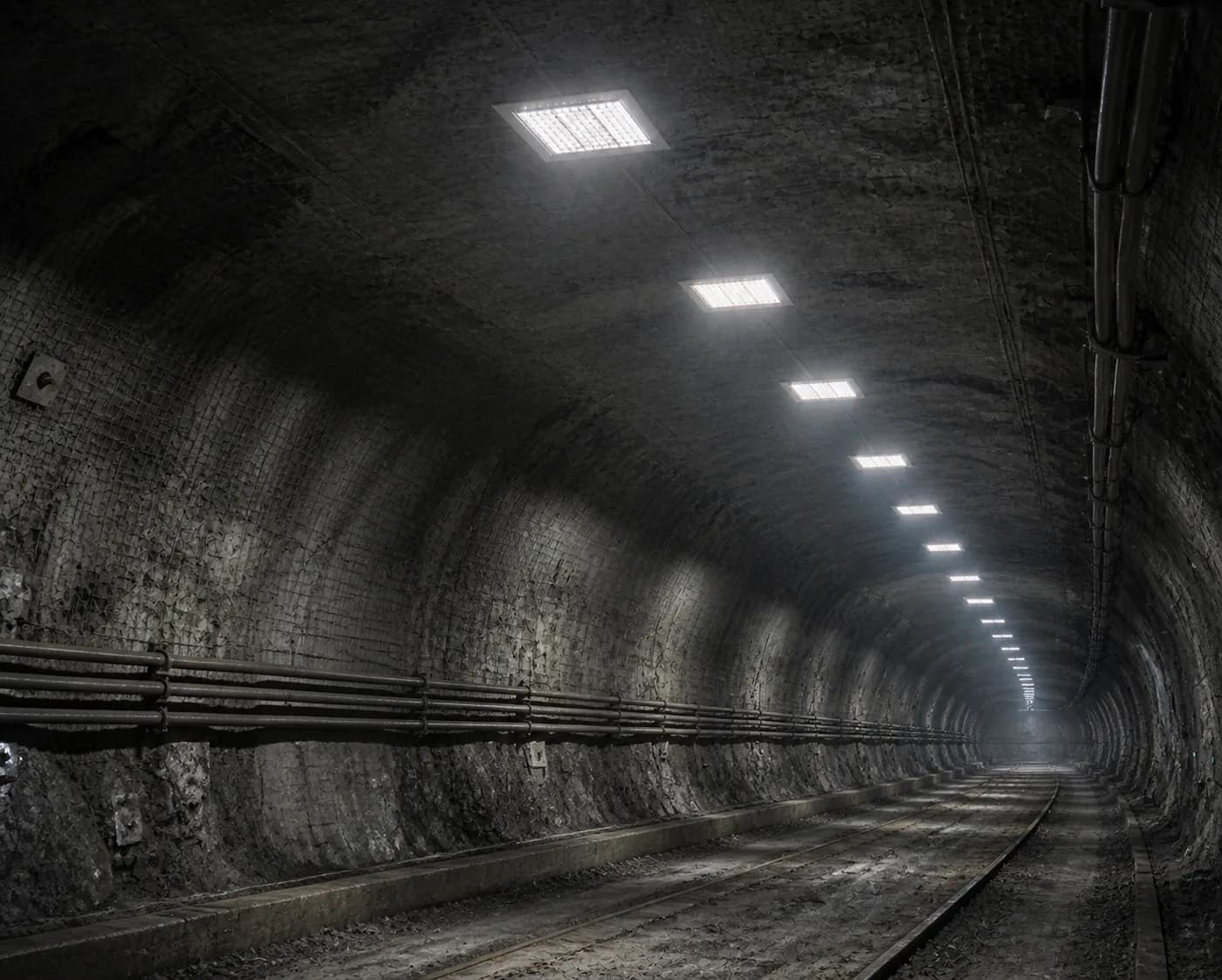 Recessed explosion-proof ceiling lights installed in a tunnel mine for continuous underground illumination