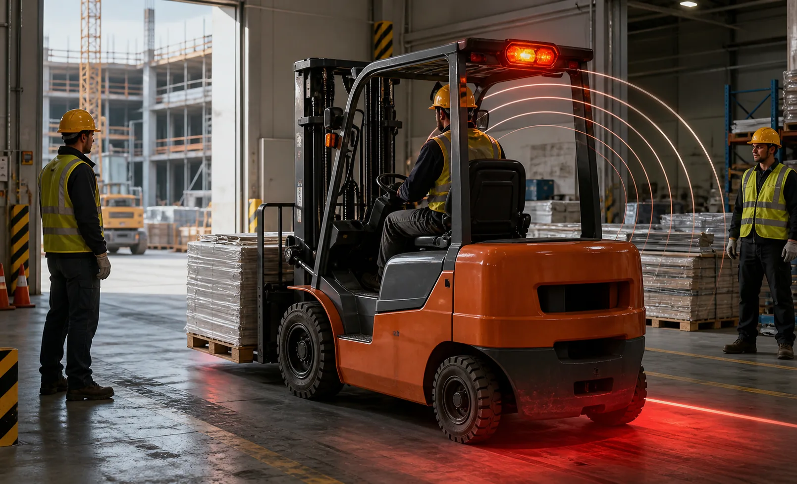 Forklift construction staging scene with an active tail warning light