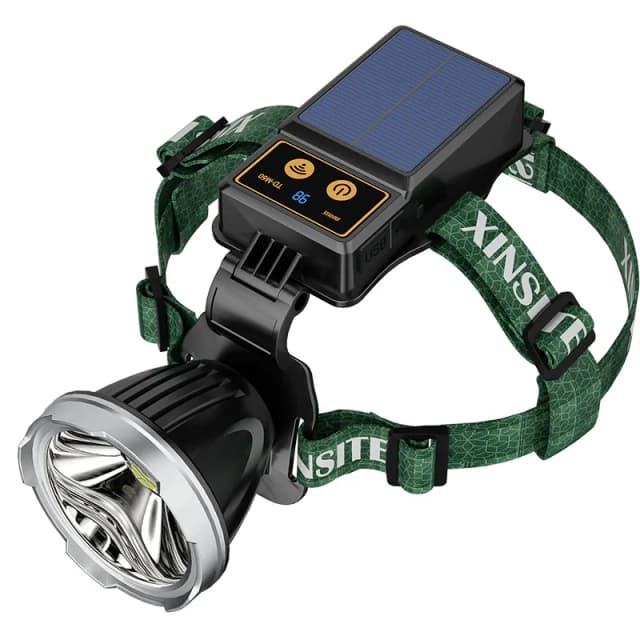 M60 solar charging headlamp with large front reflector and top solar panel