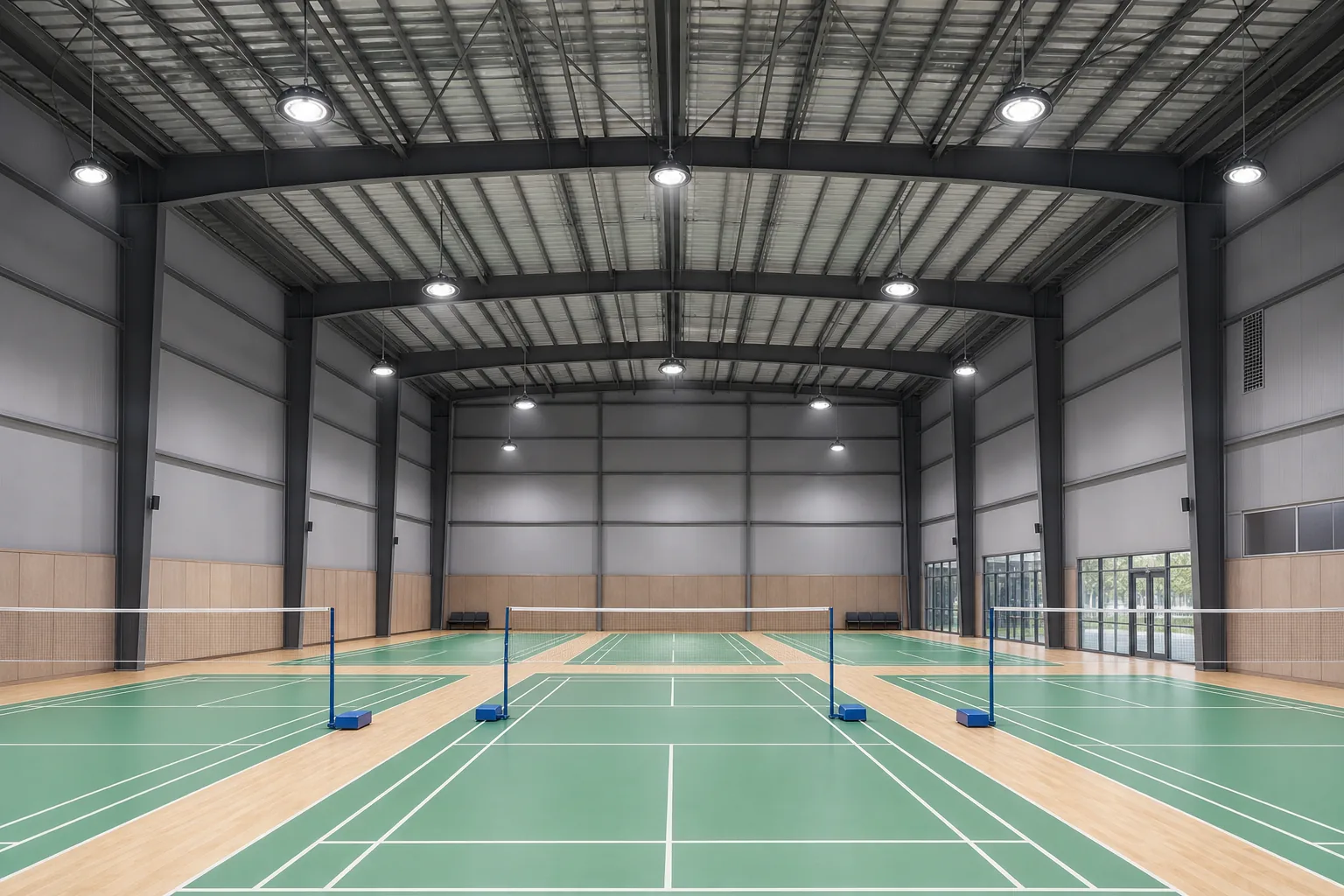 UFO high bay lights illuminating an indoor badminton hall