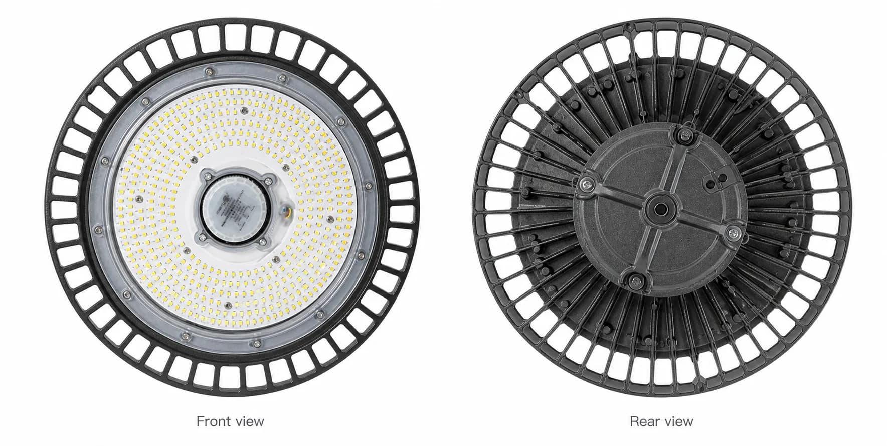 Front and rear product views of the UFO high bay light on a clean white background