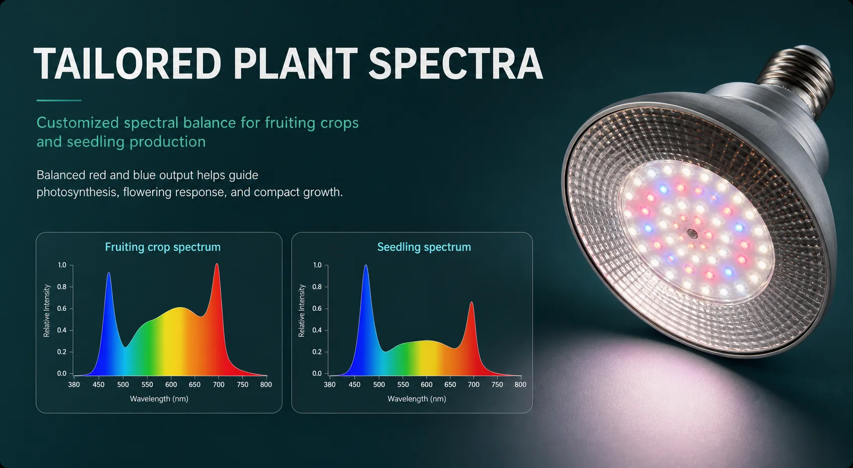 Tailored plant spectra board for fruiting crops and seedlings