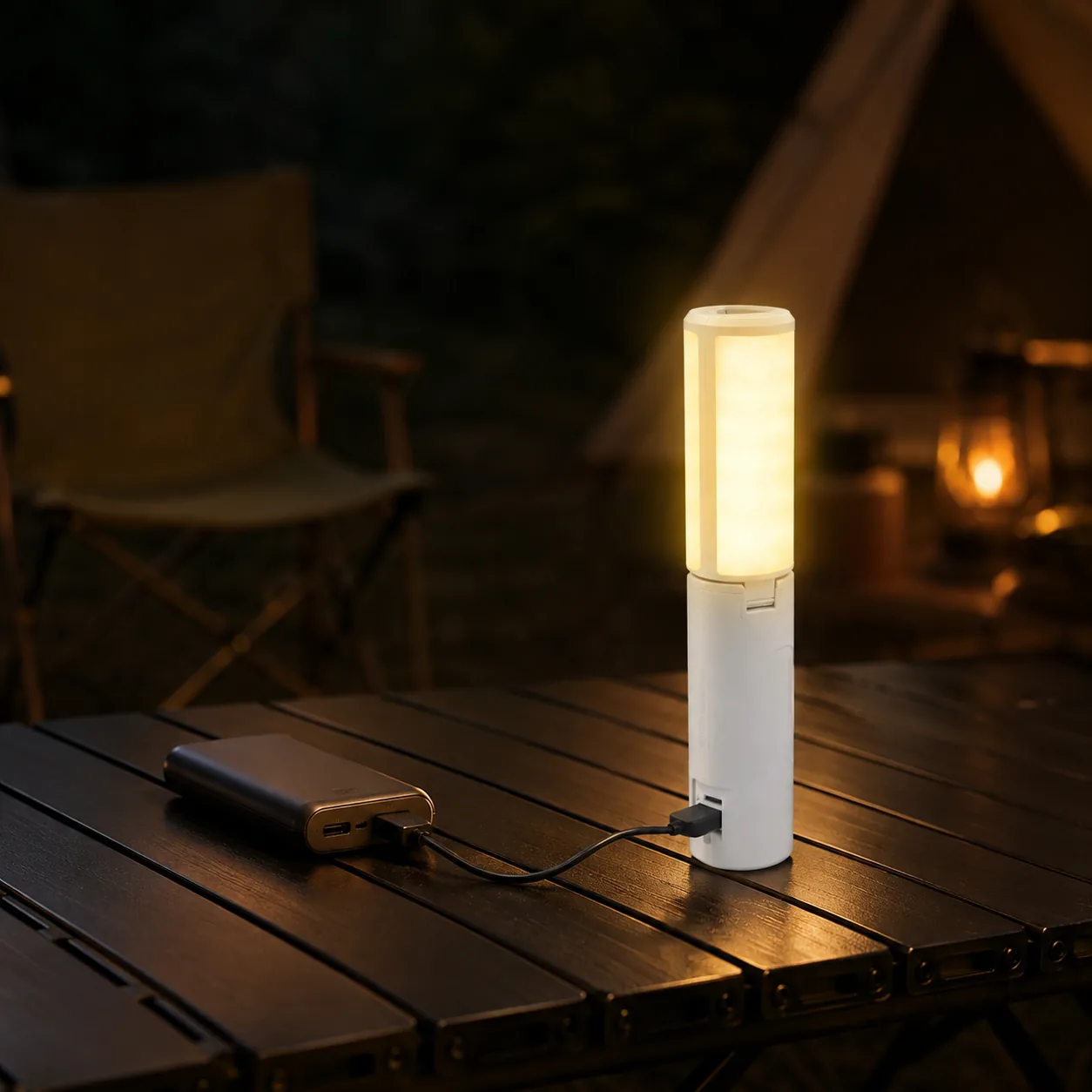 M26 folding camping light connected to a USB power bank