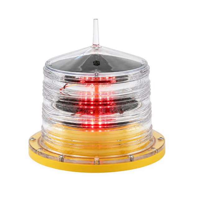 Compact marine navigation light with red illuminated interior on a pure white background