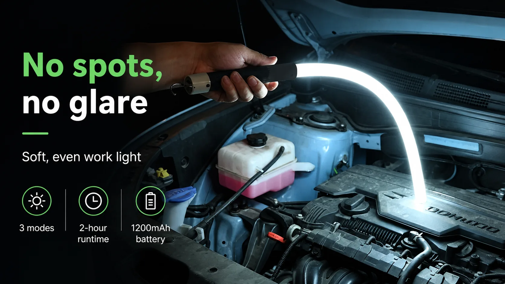Silicone LED lamp engine-bay usage board showing no spots and no glare