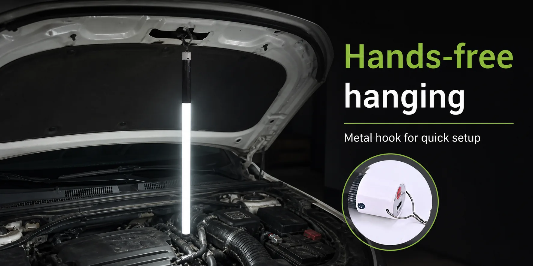 Silicone LED lamp hanging under a raised hood with hook detail