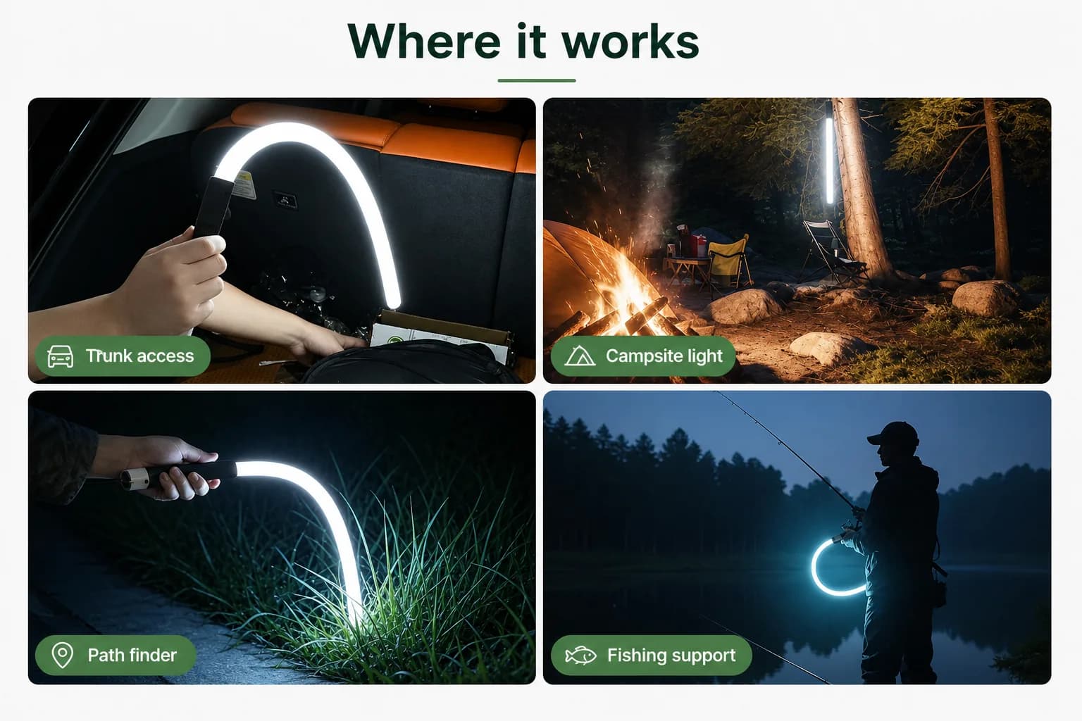 Silicone LED lamp shown across trunk, campsite, path, and fishing scenes