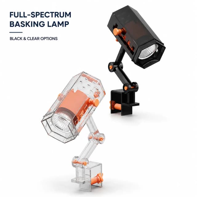Black and clear turtle basking heating lamps on a pure white background