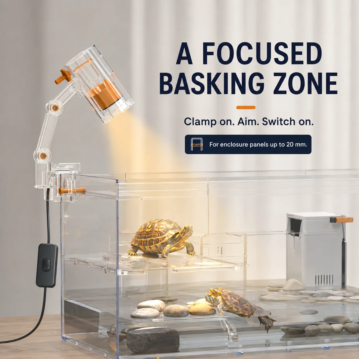 Turtle basking heating lamp installed on a transparent enclosure