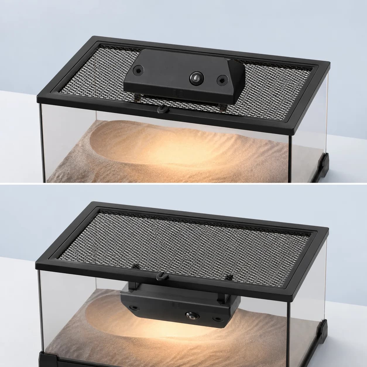 Reptile basking light mounted above and below a mesh-top vivarium