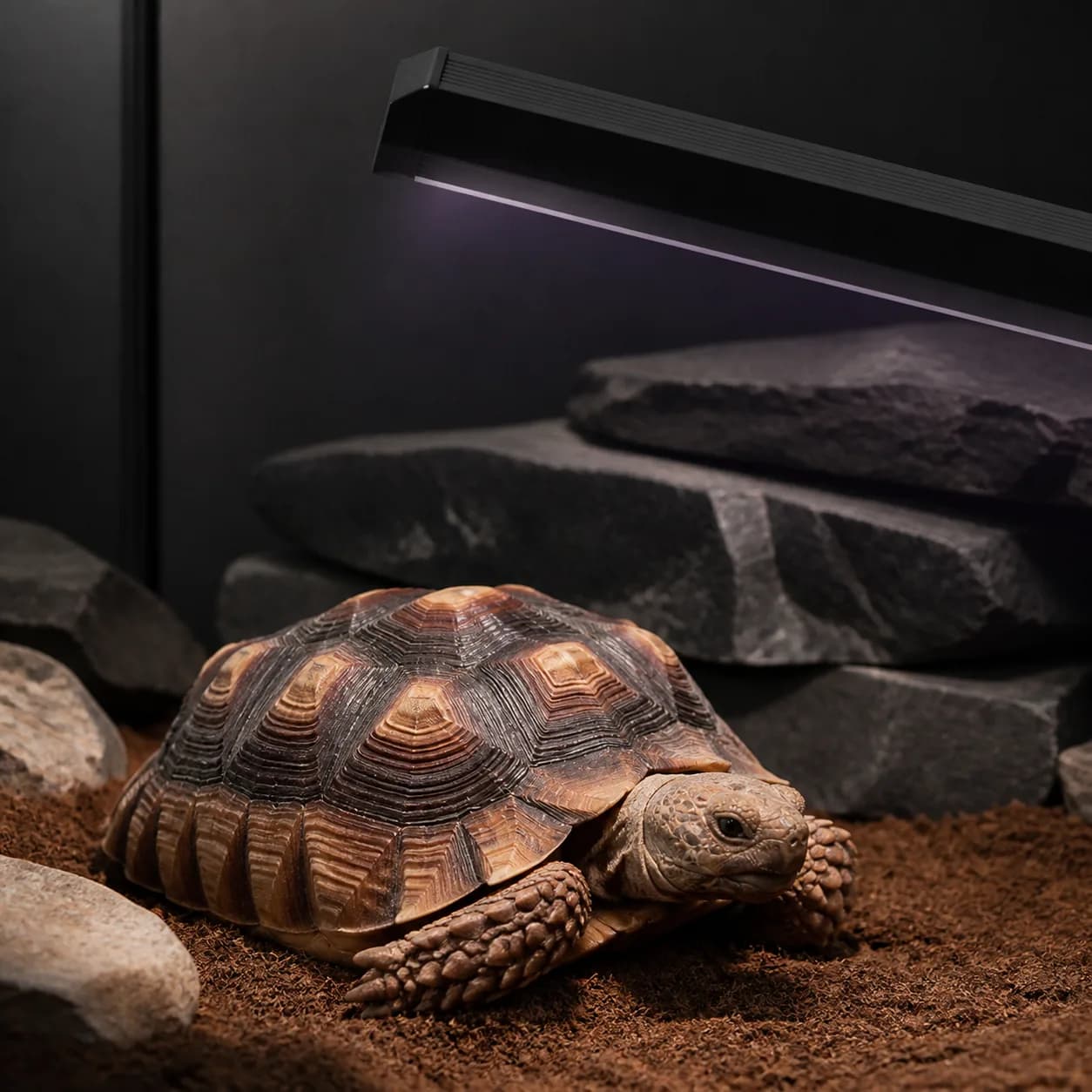 Tortoise in a vivarium beneath a reptile basking light