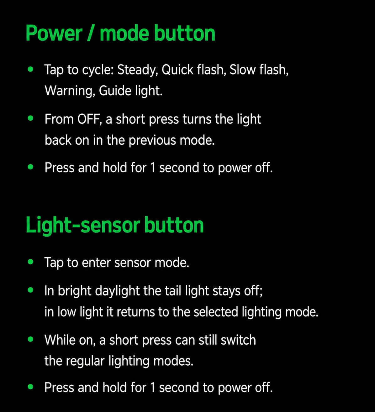 Operation instruction board for the bicycle tail light