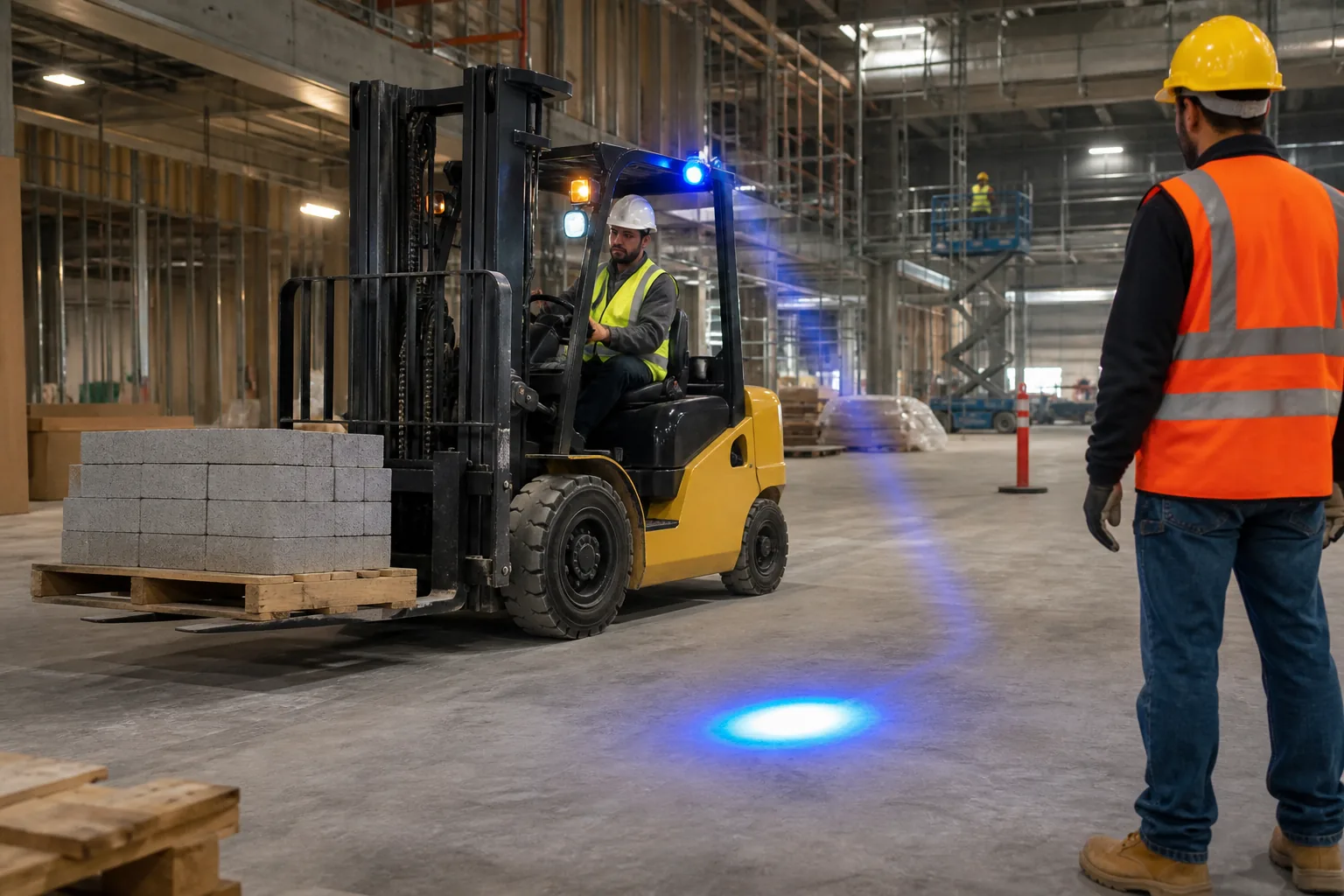 Forklift construction-side application scene with a projected blue safety spot