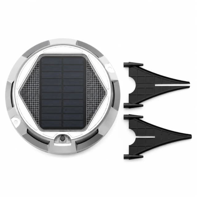 Solar deck light with mounting accessories on a pure white background