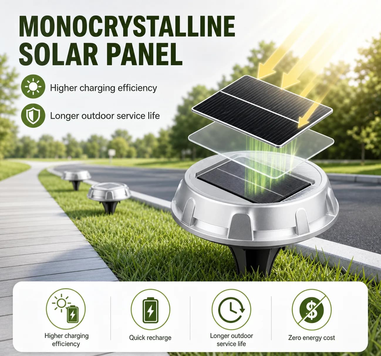 Monocrystalline solar panel feature board for the deck light