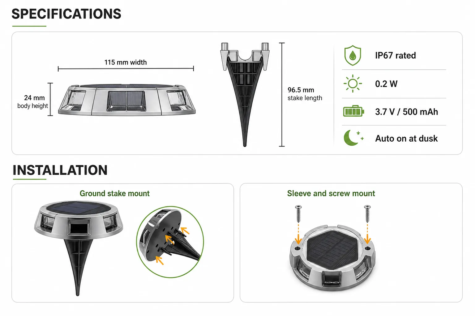 Specification and installation board for the solar deck light