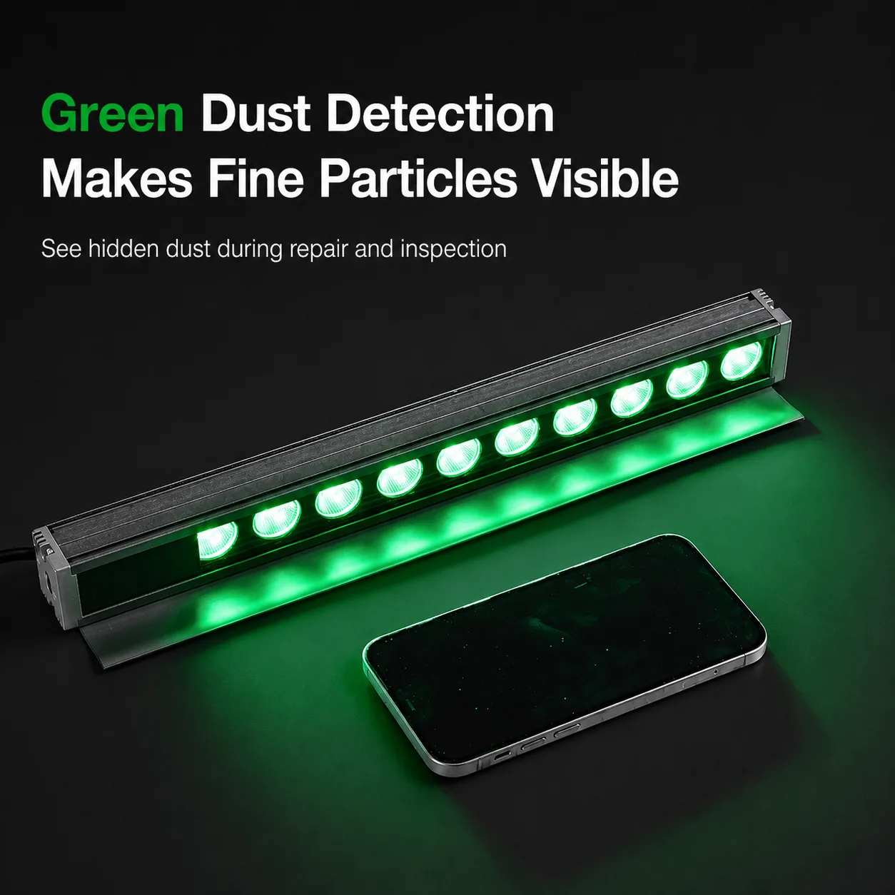 Square feature board showing the dust detection light highlighting fine surface particles with green output
