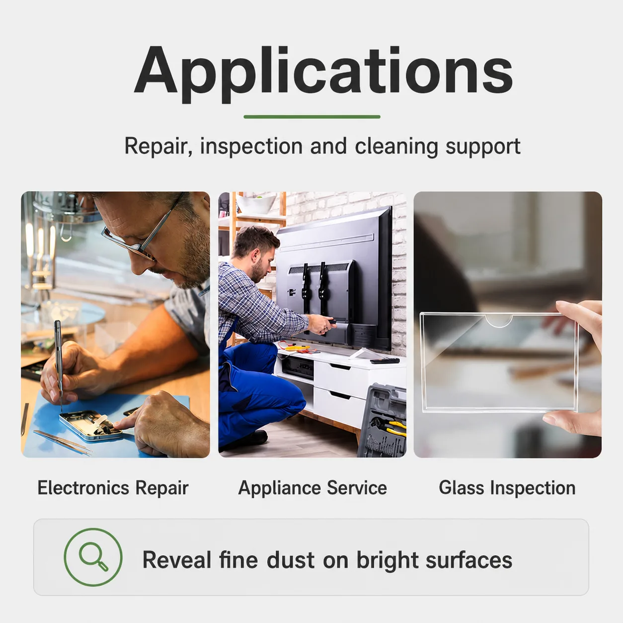 Application board showing electronics repair, appliance service, and glass inspection use cases