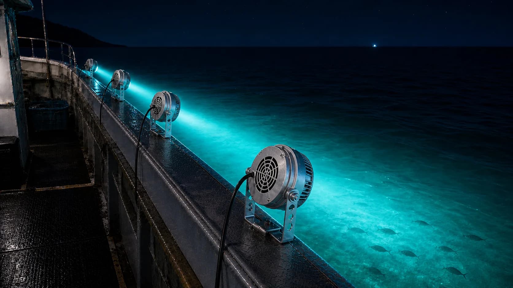 Fishing lights aimed at the water beside a vessel at night