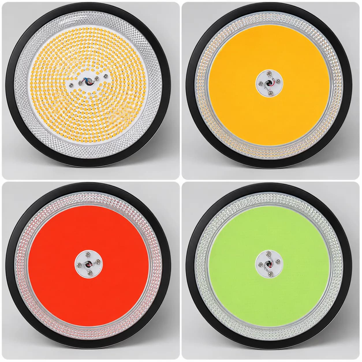 Fishing light color comparison showing warm amber, yellow, red, and green output faces