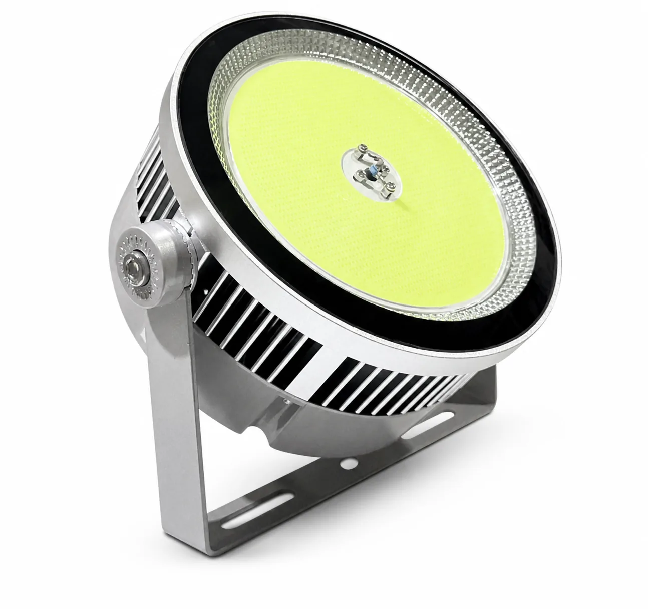 Angled side view of the round LED fishing light on a clean white background