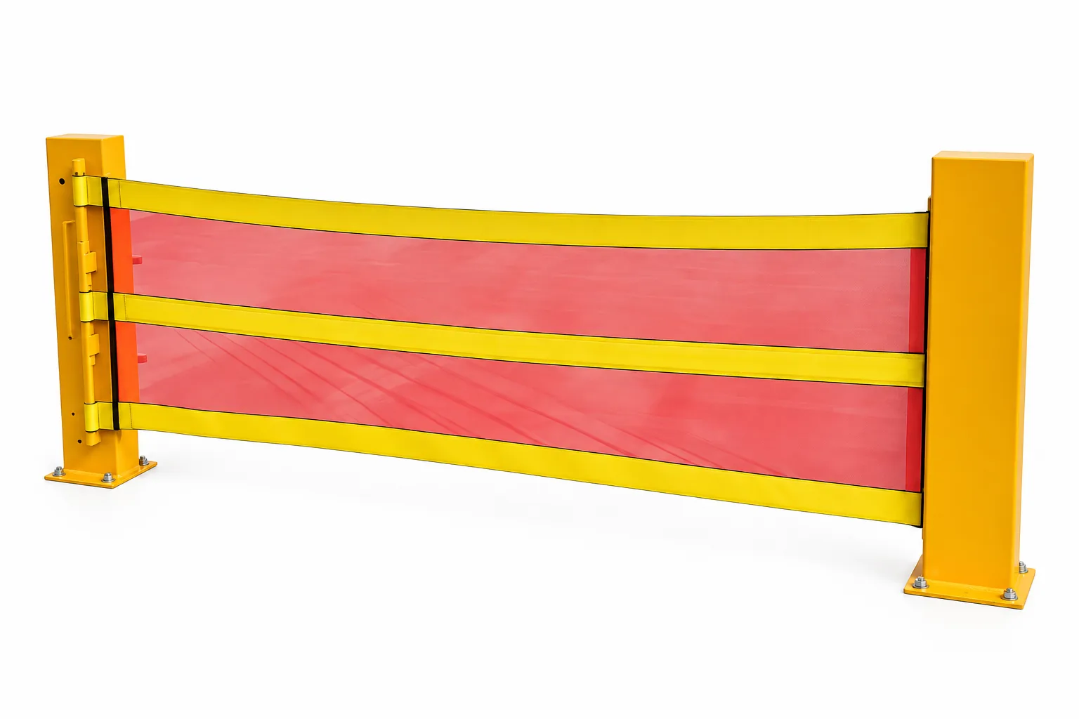 Flexible retractable impact barrier with yellow floor-mounted posts and red safety panels