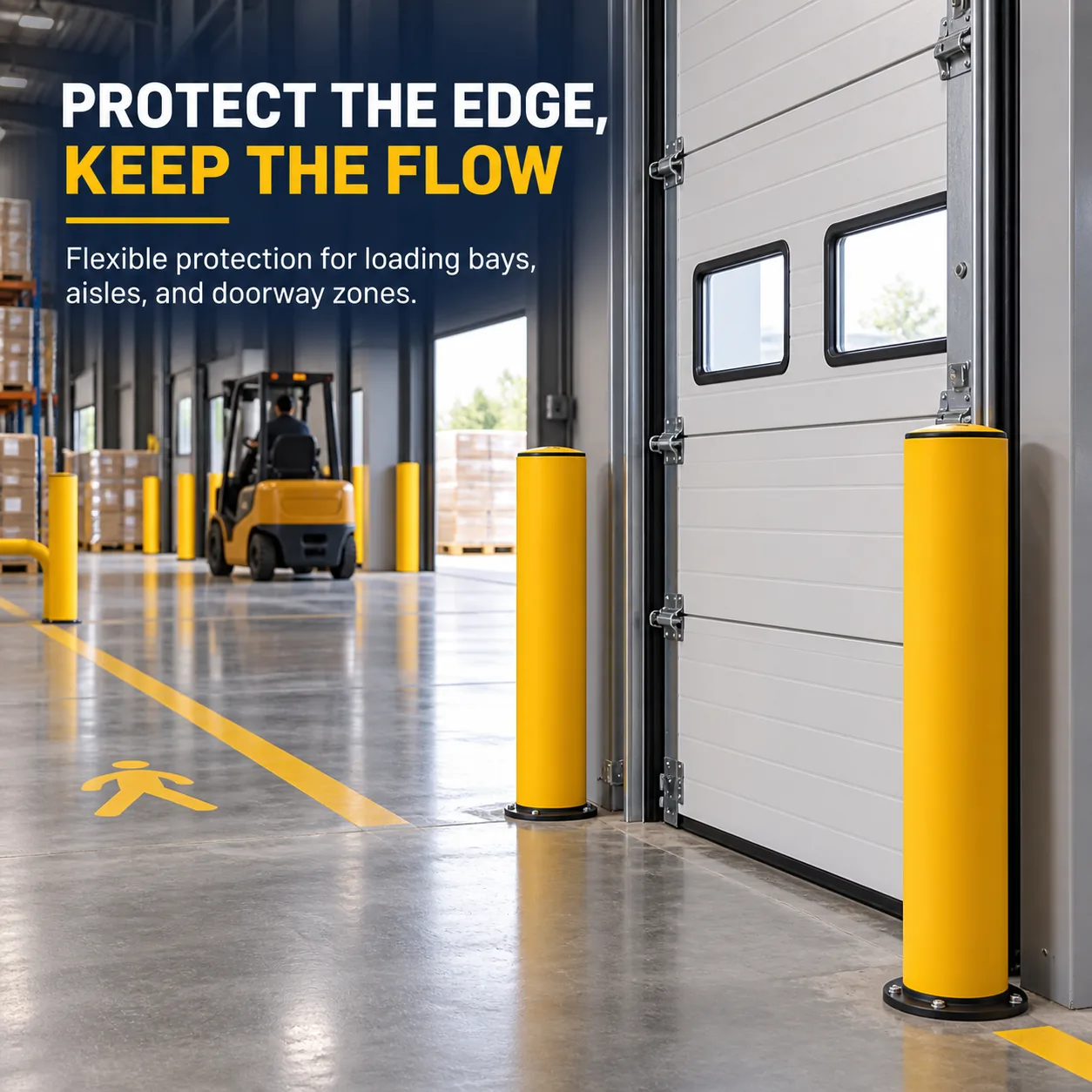 Flexible yellow safety bollards protecting a warehouse loading bay