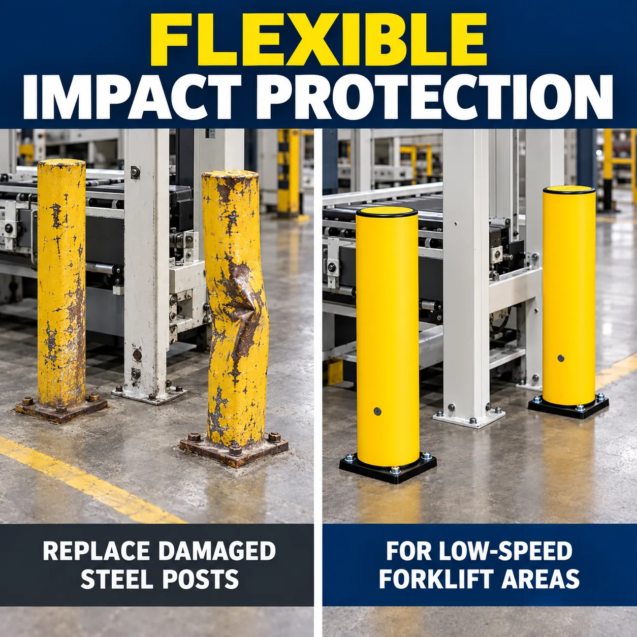 Flexible safety bollards protecting a low-speed factory area
