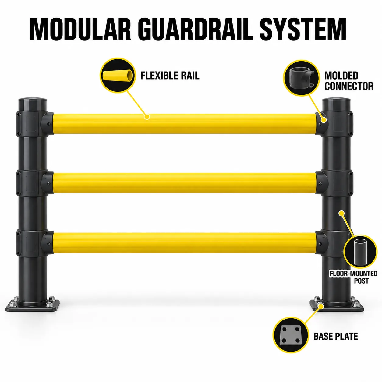 Flexible safety guardrail rail, connector, post, and base components