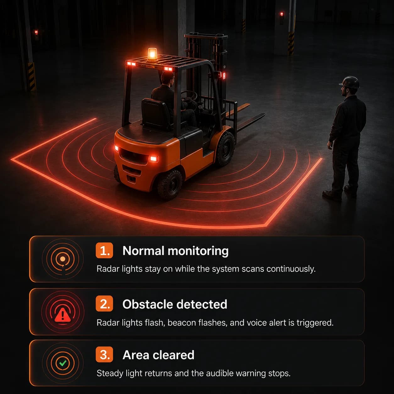 Forklift operating inside a monitored safety zone with visual and audible alert coverage