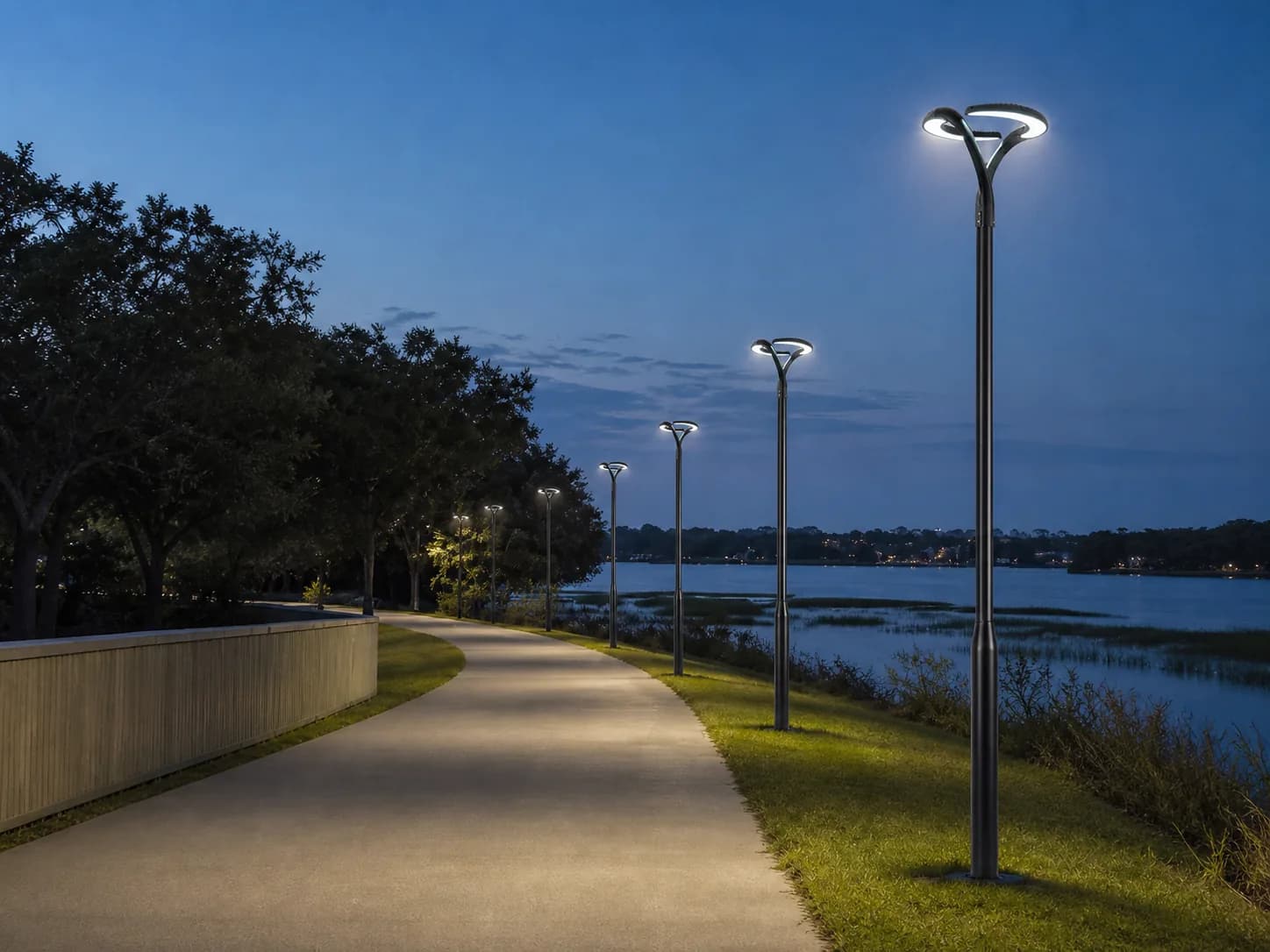 Garden pathway lights installed along a waterfront path