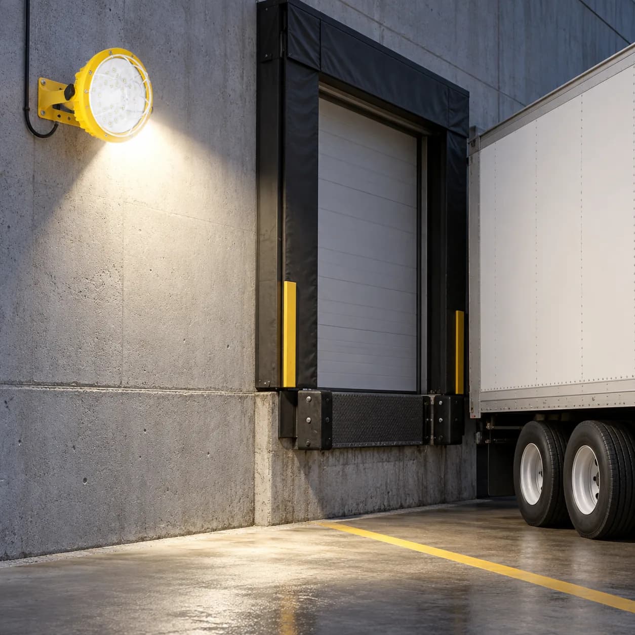 LED dock work light mounted beside a loading bay