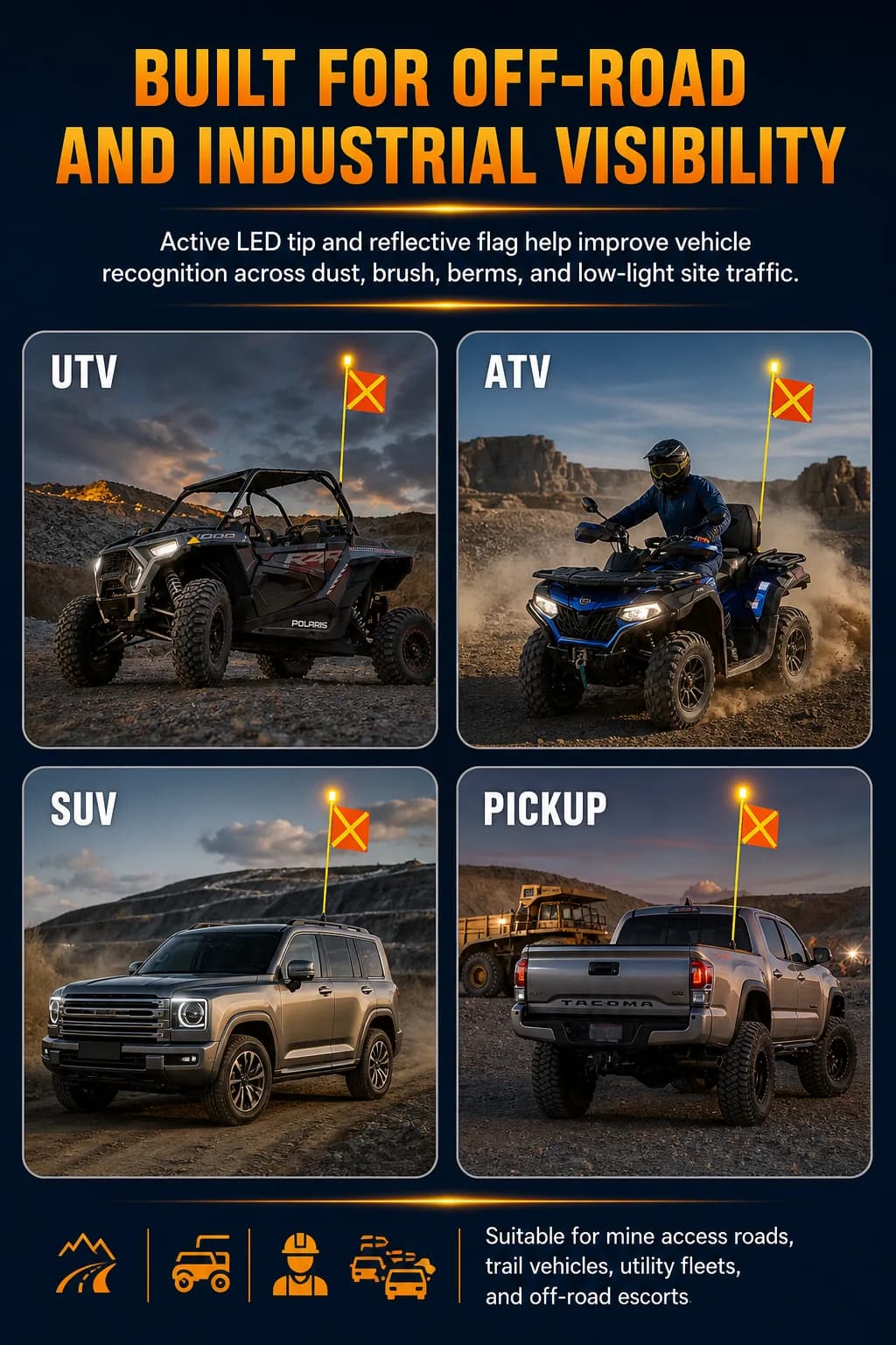 LED lighted mining safety whip flag fitted across UTV, ATV, SUV, and pickup use scenes