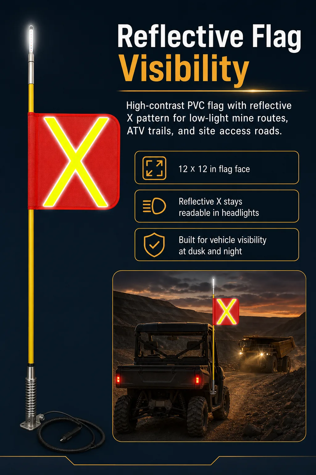Visibility board for the LED lighted mining safety whip flag