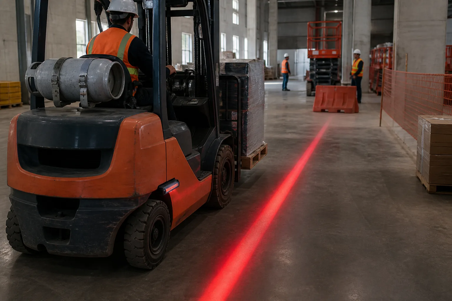 Forklift application scene with a projected red safety line on a warehouse construction floor