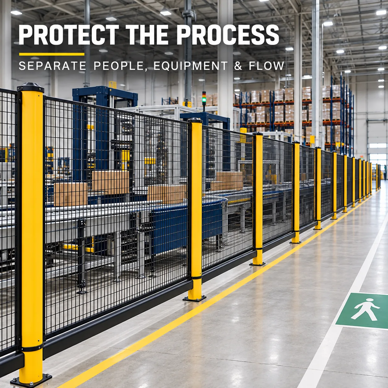 Pedestrian guardrail separating an automated warehouse process from a marked route
