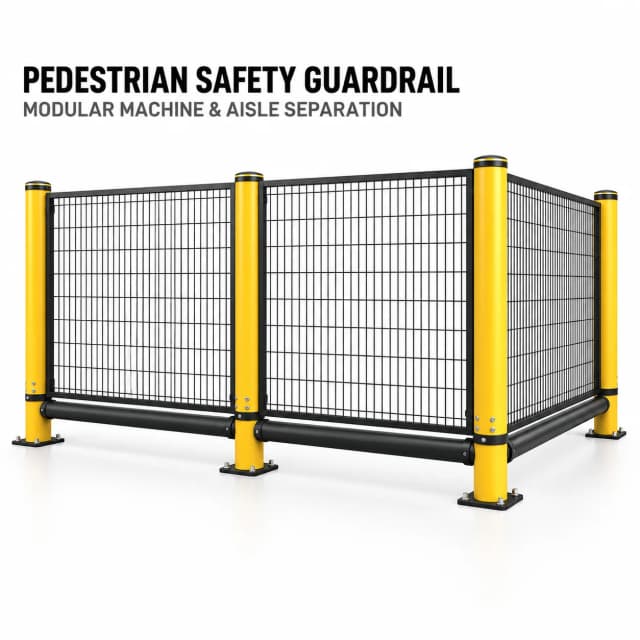 Modular yellow and black pedestrian safety guardrail on a pure white background