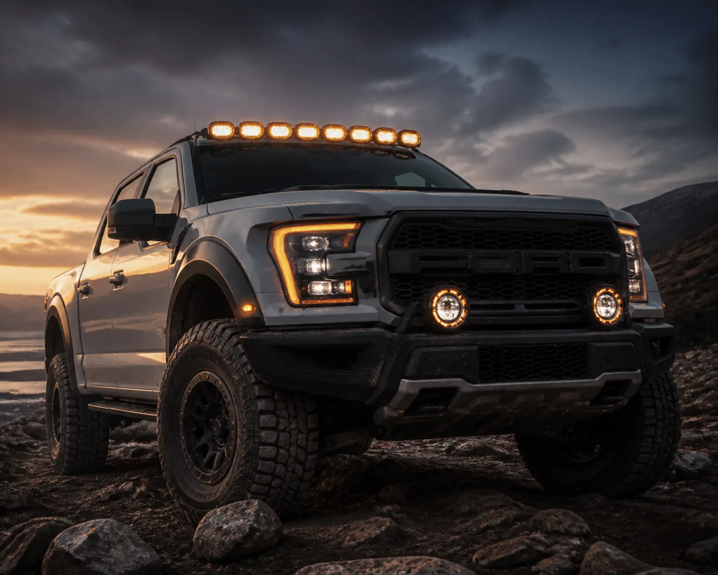 Off-road pickup truck with amber halo auxiliary lights at dusk