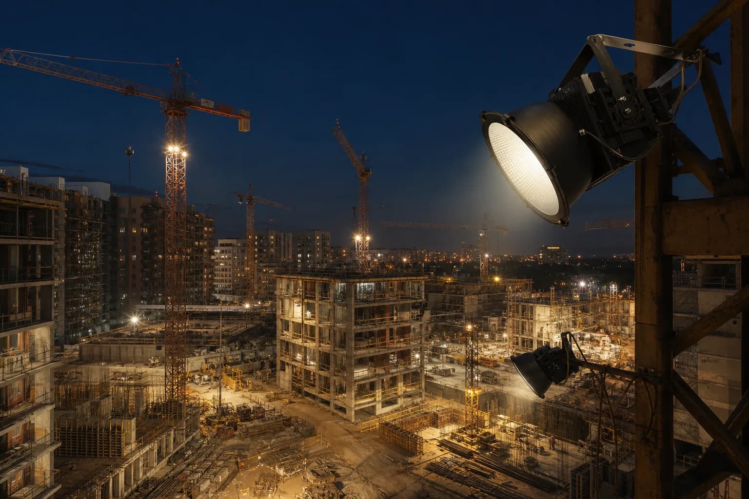 Outdoor project lights used in a tower crane construction project