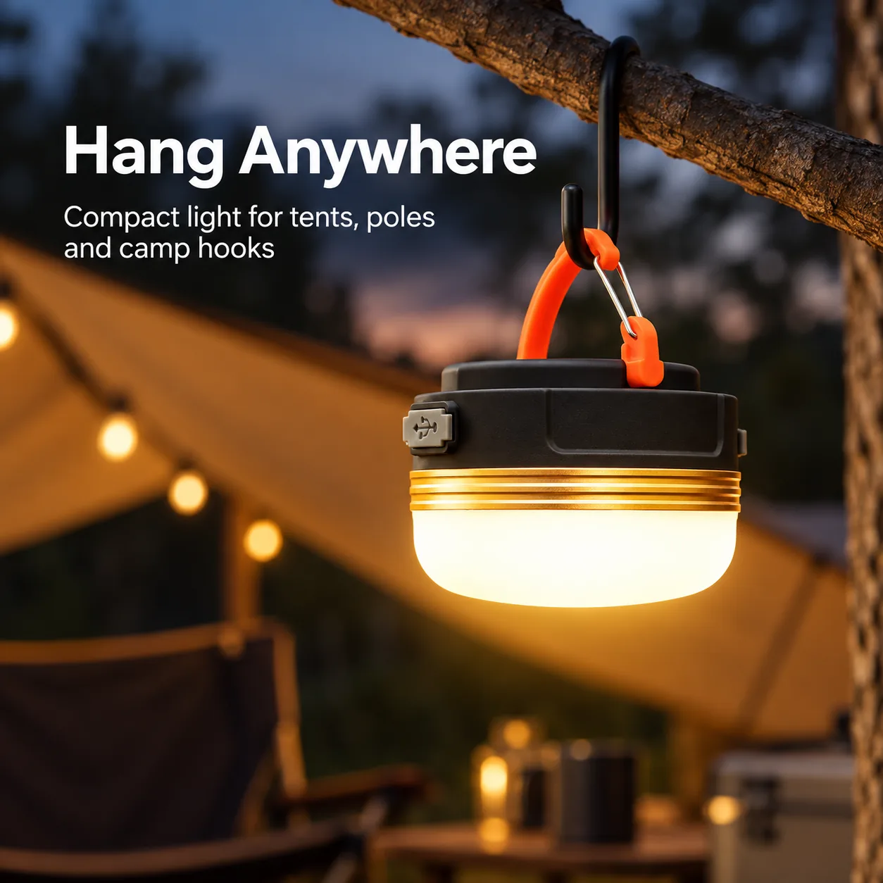 Portable magnetic camp light hanging from a hook near a campsite