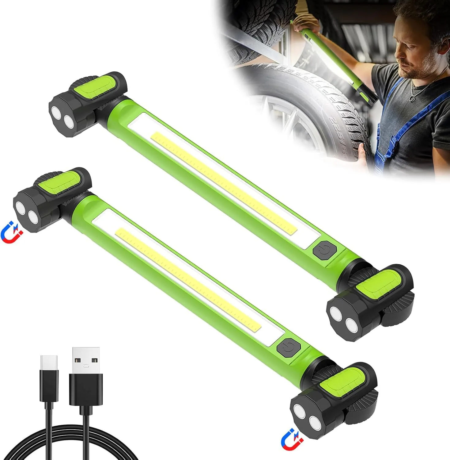 Portable magnetic work light with green housing and USB cable