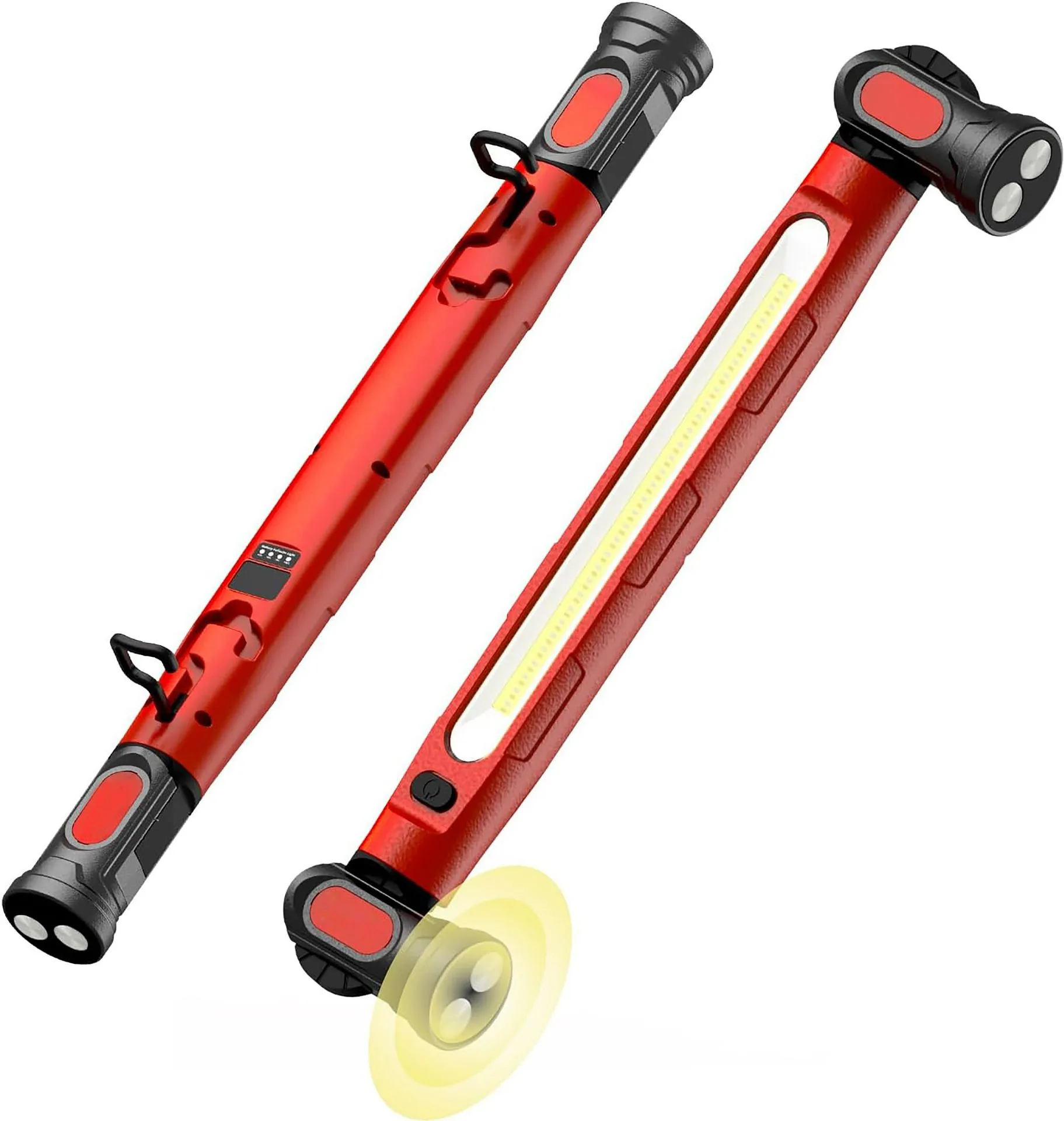 Portable magnetic work light with red housing and dual-lens end lights