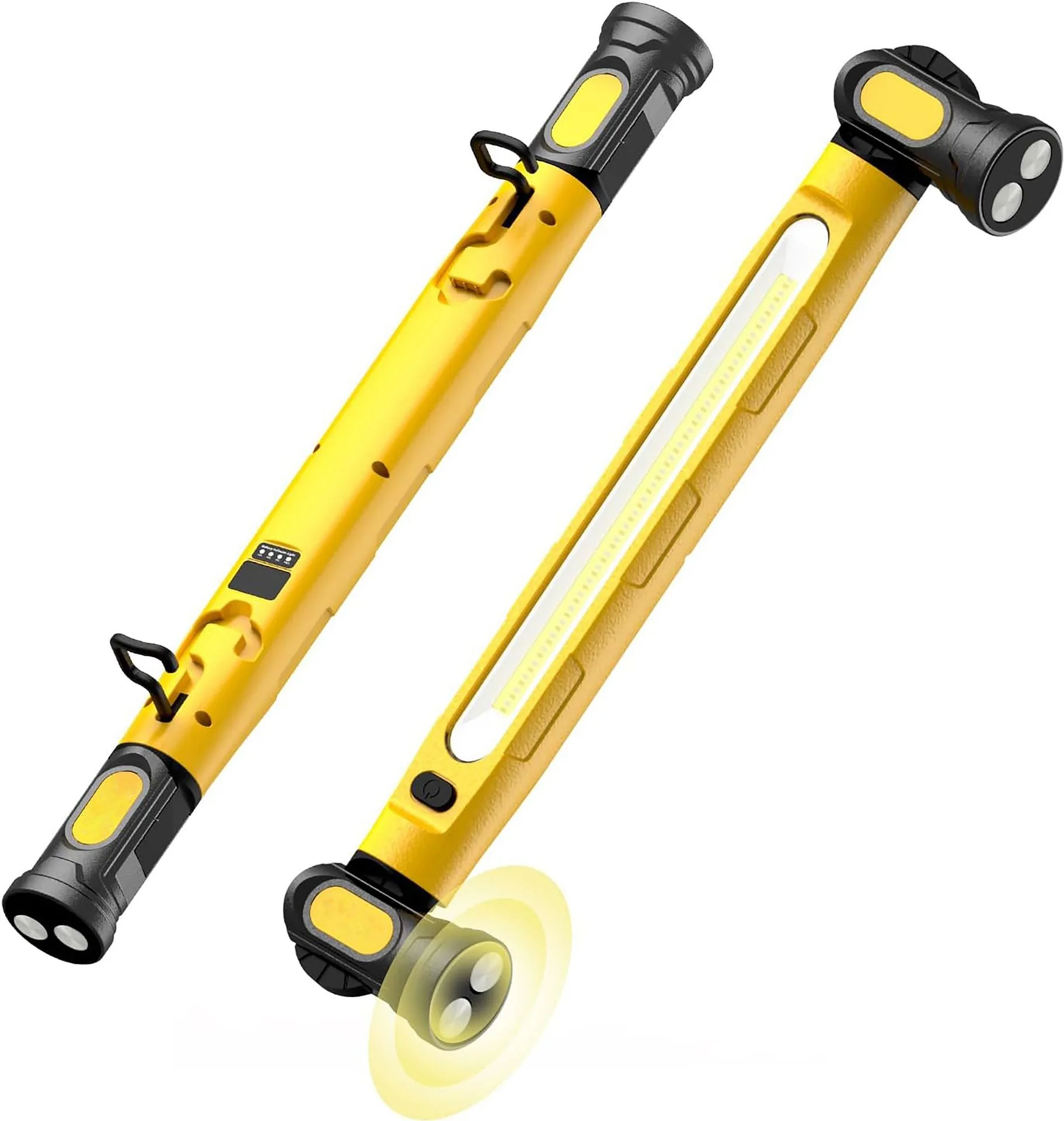 Portable magnetic work light product view with rotating heads, hooks, and COB strip