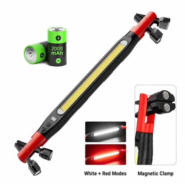 Portable magnetic work light with red housing, long COB strip, and magnetic clamp ends