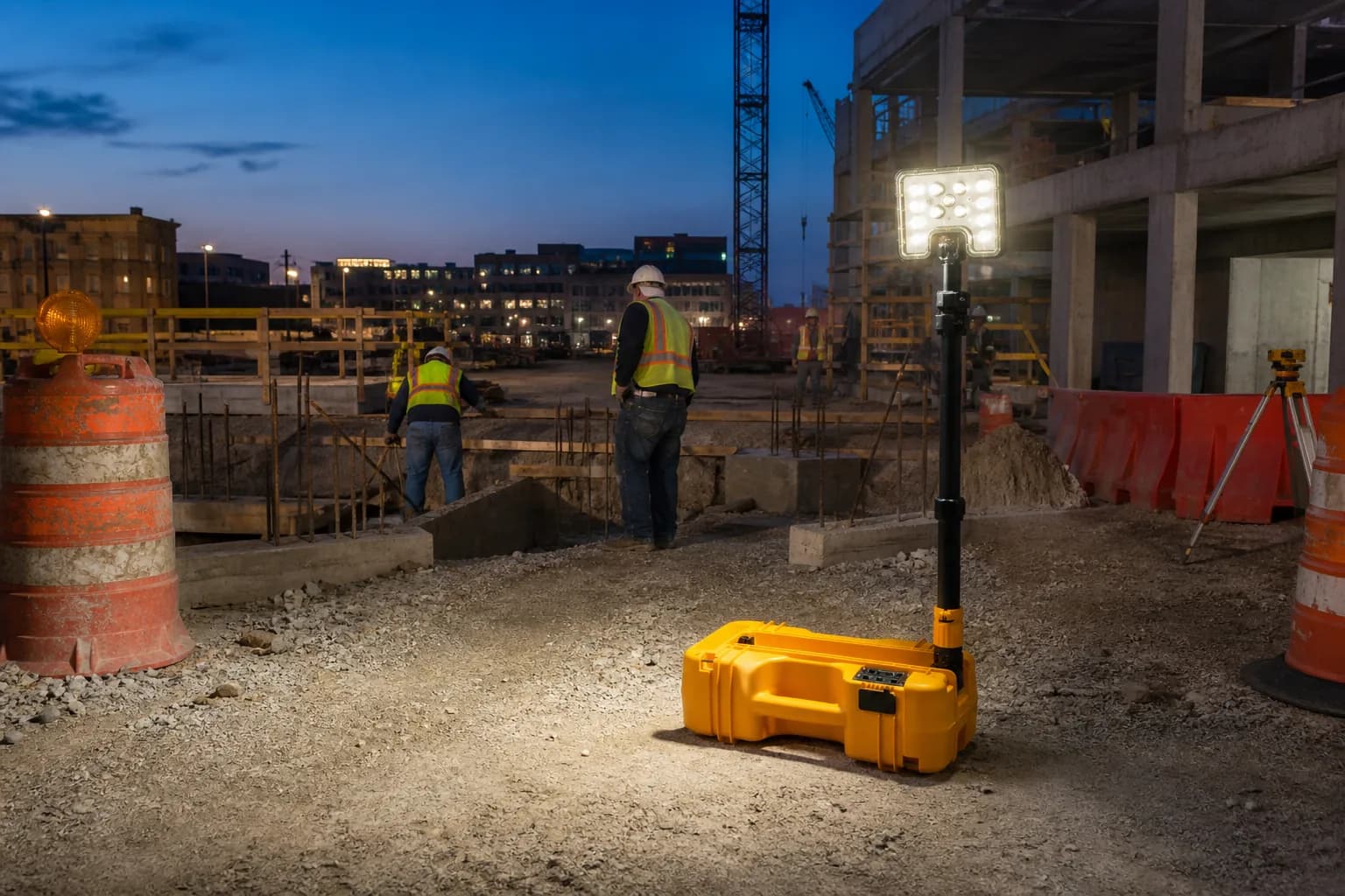 Portable work light tower illuminating an active construction site shortly after dusk