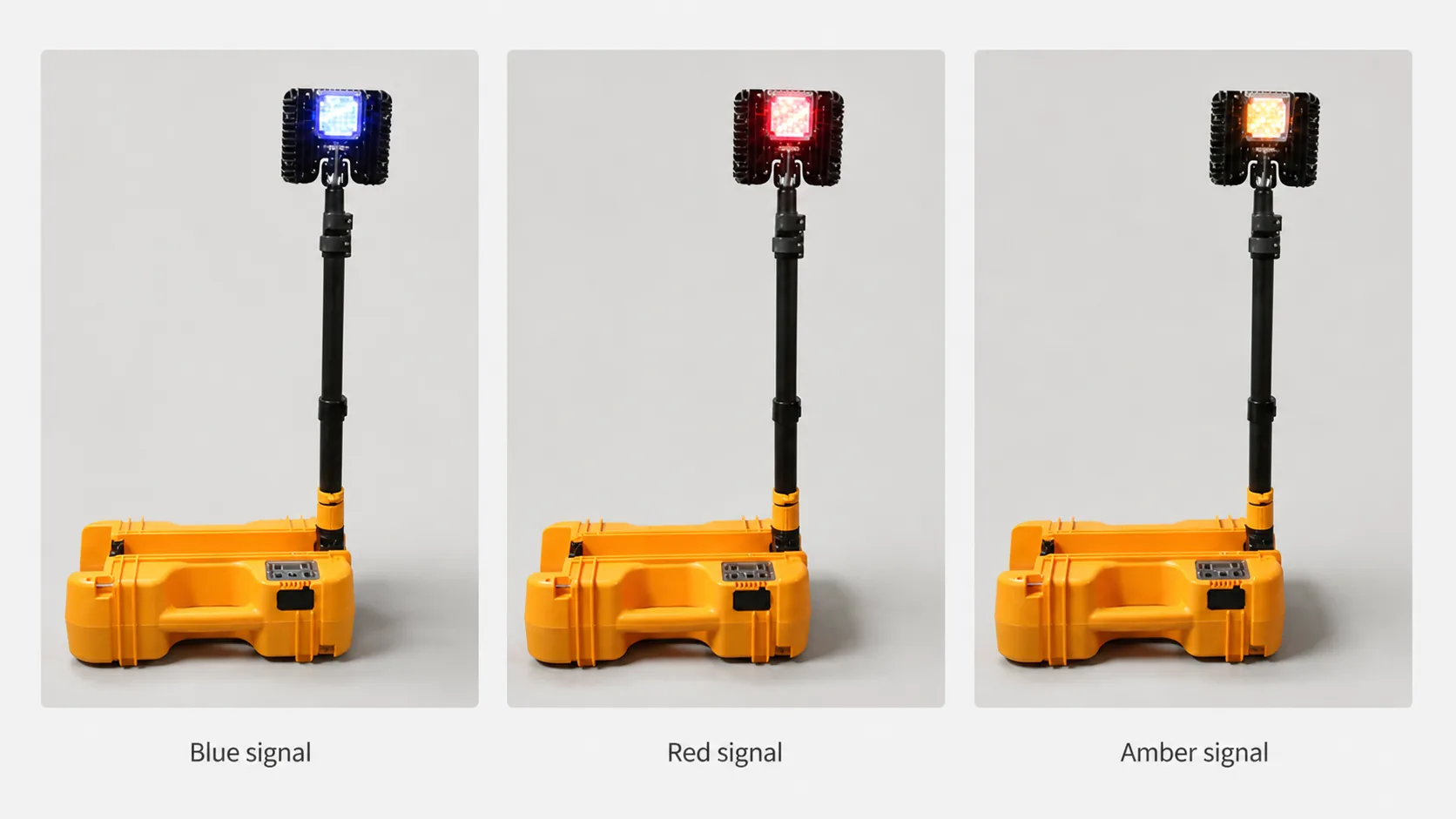 Portable work light shown in blue, red, and amber signal modes