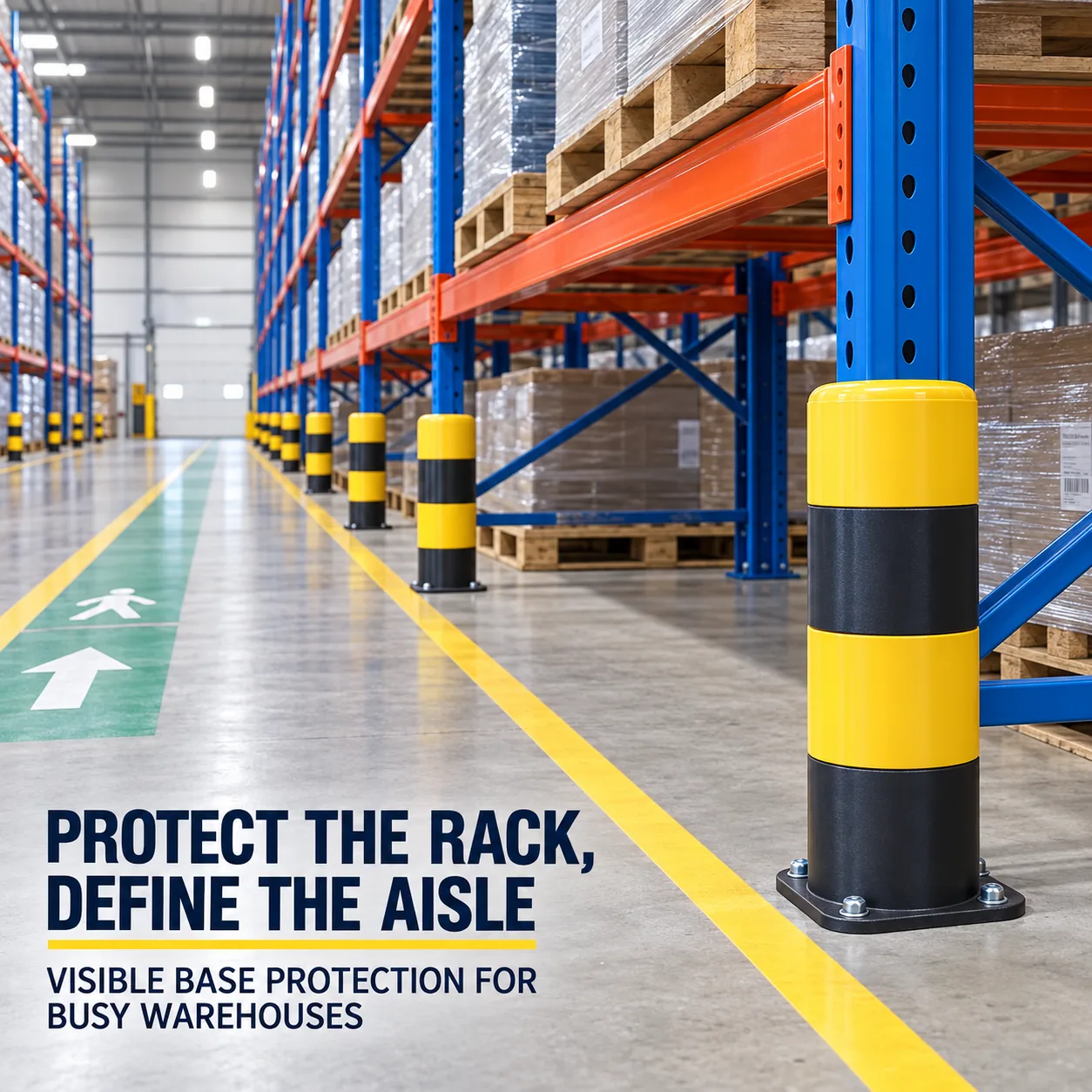 Rack upright protectors along a marked warehouse storage aisle