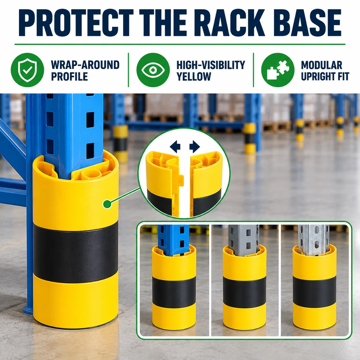 Rack upright protector wrap-around profile and fit details