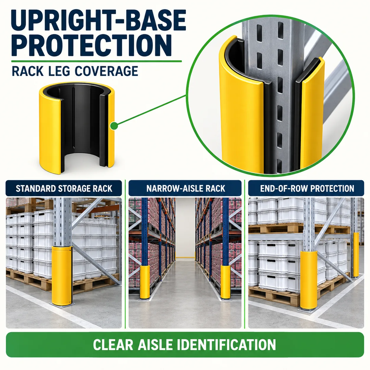 Rack upright protector applications across warehouse rack layouts